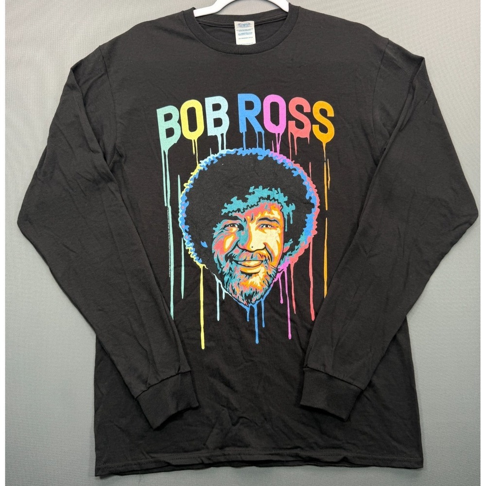 Bob Ross Men's Medium | Graphic Long Sleeve Shirt - Black Neon Paint Drip